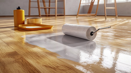 Primer being applied to a floor with a roller, surrounded by renovation tools like paint trays and masking tapeの素材