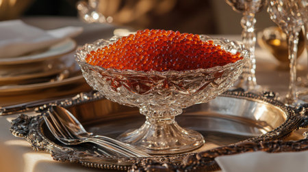 Luxurious red caviar in a decorative crystal bowl on a silver tray, surrounded by elegant tablewareの素材