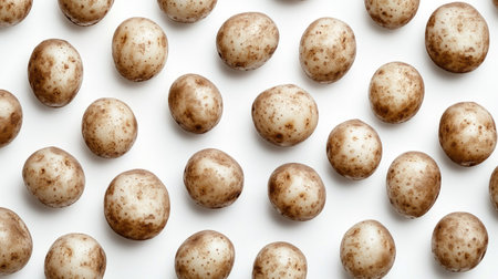Multiple washed potatoes arranged symmetrically, their textures emphasized on a white backgroundの素材