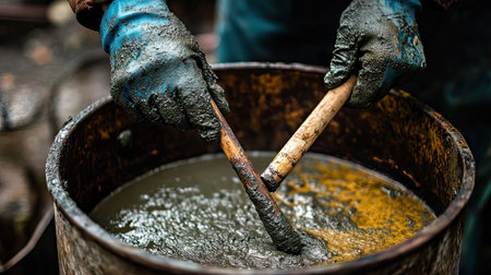Hands wearing gloves holding a wooden stick to mix cement and water in a sturdy containerの素材