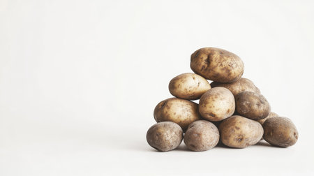 Multiple washed organic potatoes stacked in a casual pile, their earthy tones contrasting against the white backgroundの素材