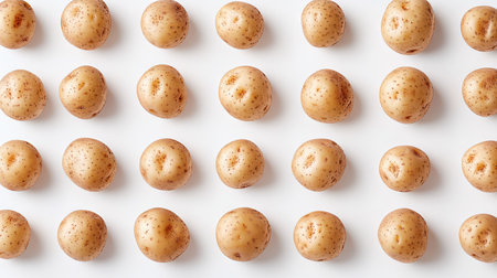 Multiple washed potatoes arranged symmetrically, their textures emphasized on a white backgroundの素材