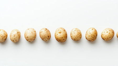 Row of washed organic potatoes of varying shapes and sizes, aligned neatly on a pure white backgroundの素材