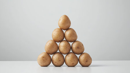 Minimalist display of washed organic potatoes in a triangle formation, isolated on a white surfaceの素材