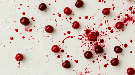 Multiple red cherries scattered naturally across a white surface, their vibrant tones creating a bold visual impactの素材