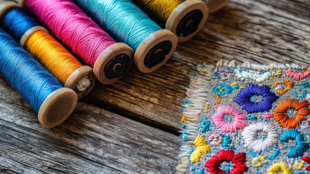 Spools of vibrant sewing threads and a half-finished embroidery project on a wooden surfaceの素材