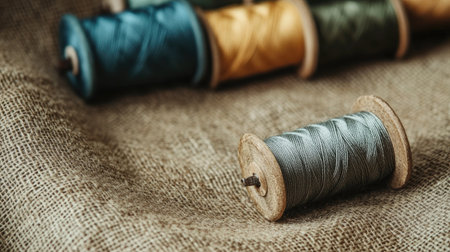 Spools of thread in muted tones lying on burlap with a hand-sewn project in progress nearbyの素材