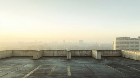 An industrial rooftop parking lot with concrete barriers, overlooking a sprawling urban landscape under a hazy afternoon skyの素材