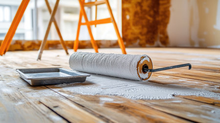 Work tools including a roller and paint tray placed on a partially primed wooden floor, ready for continued applicationの素材