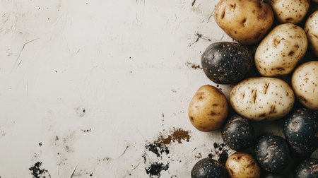 Washed organic potatoes grouped together naturally, highlighting their earthy tones on a clean white backgroundの素材