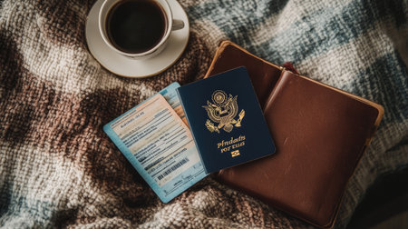 An overhead view of a passport and plane tickets placed on a cozy blanket, with a cup of coffee and a travel guide nearbyの素材