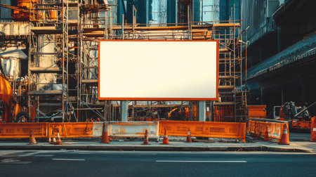 A blank outdoor street signboard near a construction site with scaffolding, orange cones, and machinery in the backgroundの素材