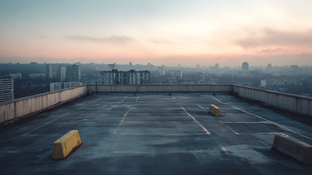 An industrial rooftop parking lot with concrete barriers, overlooking a sprawling urban landscape under a hazy afternoon skyの素材