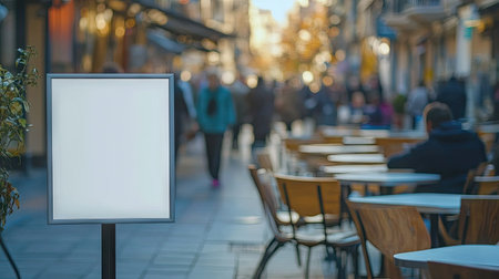 A blank white street board on a busy outdoor caf patio, with tables, chairs, and people blurred in the backgroundの素材