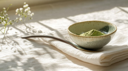 A close-up of a ceramic spoon with matcha powder resting on a white linen napkin, set on a sunny breakfast tableの素材