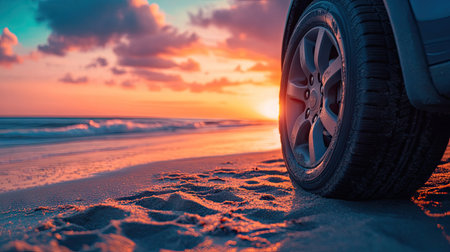 A close-up of a car tire and beach sand during sunset, with ocean waves glowing in the distance under colorful skies.の素材