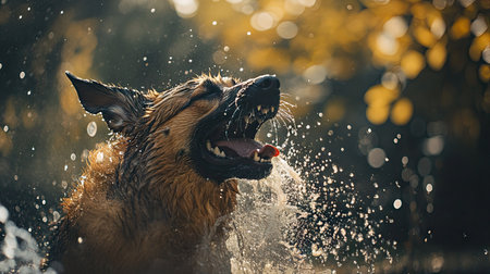 A cheerful dog playing with water coming from a garden hose, biting and pawing at the sprayの素材