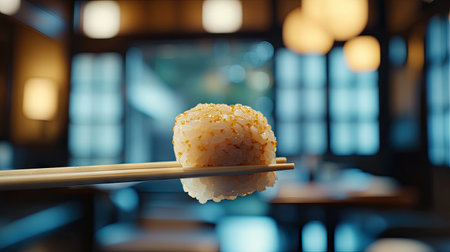 A close-up of a sushi roll in chopsticks, with a blurred traditional Japanese restaurant interior behind.の素材