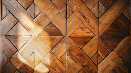 Detailed shot of polished parquet flooring with unique geometric patterns, surrounded by neutral walls and minimalist decorの素材