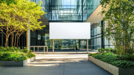 A blank white outdoor signage board in front of a modern glass building, surrounded by sleek metal railings and greeneryの素材