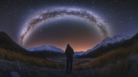 A backpacker standing under a starry sky in a remote location, with their silhouette framed by the Milky Way.の素材