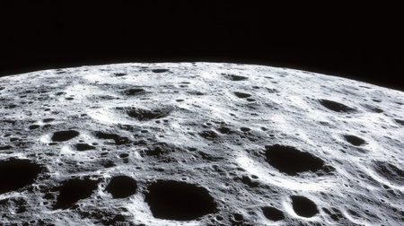 A close-up of the moon's cratered surface, framed against the infinite black of spaceの素材