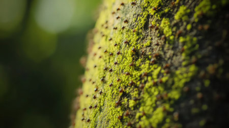 A close-up of moss-covered bark on a massive tree trunk, with tiny insects crawling over the green surfaceの素材