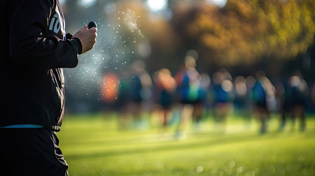 A coach blowing a whistle near the sidelines, with blurred athletes practicing in the distance.の素材