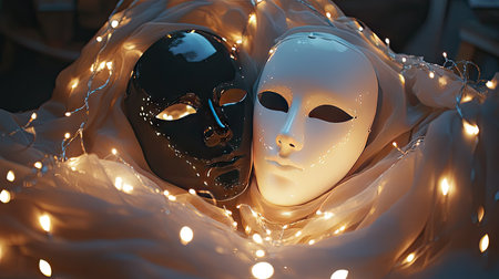A creative setup of white and black masks surrounded by fairy lights, creating a magical ambianceの素材