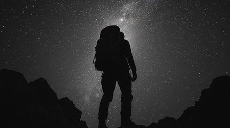 A backpacker standing under a starry sky in a remote location, with their silhouette framed by the Milky Way.の素材