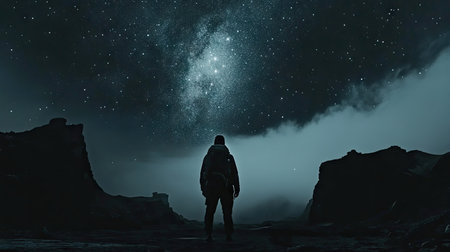 A backpacker standing under a starry sky in a remote location, with their silhouette framed by the Milky Way.の素材