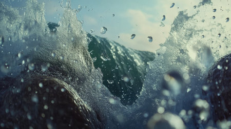 A close-up of water droplets suspended in the air as a giant wave crashes into the rocksの素材