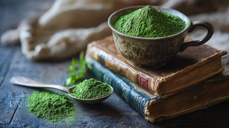 A heaping spoonful of matcha powder placed on top of a stack of vintage books with a rustic teacup beside itの素材