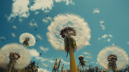 A cluster of dandelions with one being blown apart, scattering seeds into the blue sky.の素材