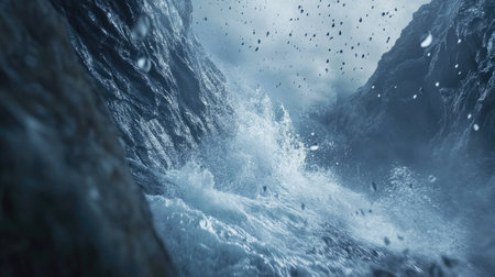 A close-up of water droplets suspended in the air as a giant wave crashes into the rocksの素材