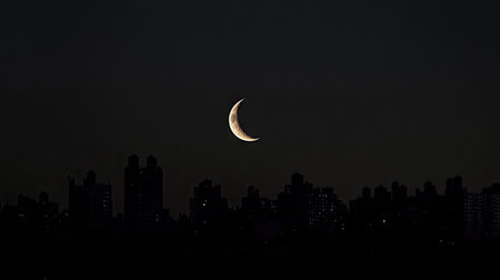 A crescent moon shining above a silhouette of a city skyline, with the black sky providing contrastの素材