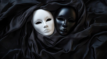 A dramatic image of a white mask on a black fabric and a black mask on white fabric, symbolizing dualityの素材
