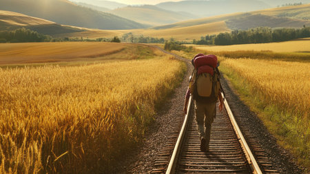 A backpacker walking along train tracks that cut through a rural landscape, with golden fields on either side.の素材