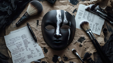 A creative flat lay of black and white masks surrounded by makeup brushes, paint, and stage scriptsの素材
