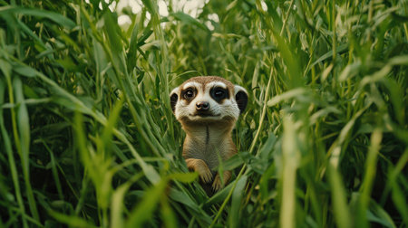 A curious meerkat standing in tall grass, its head poking out above the greenery with an inquisitive lookの素材