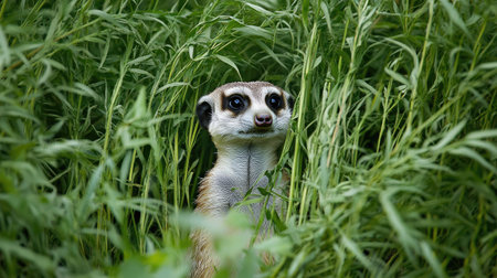 A curious meerkat standing in tall grass, its head poking out above the greenery with an inquisitive lookの素材