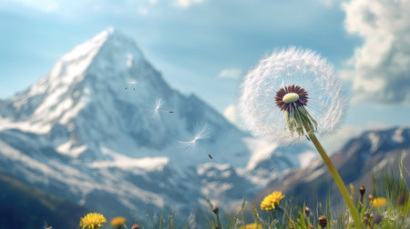 A dandelion releasing seeds with a snow-capped mountain in the background under a bright sky.の素材
