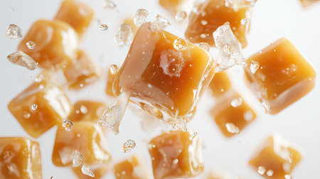 A cluster of soft caramel candies with golden-brown hues, sharply contrasted against the white backdrop.の素材
