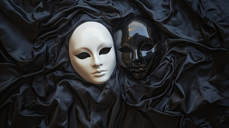 A dramatic image of a white mask on a black fabric and a black mask on white fabric, symbolizing dualityの素材