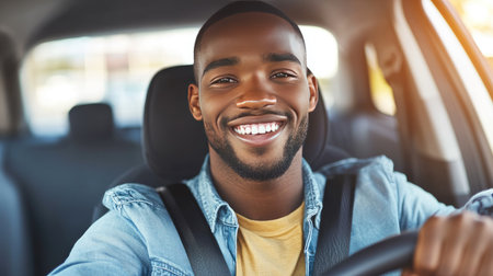 A driver in a brightly lit parking lot adjusting his seatbelt, ready to drive off, with a calm smile on his faceの素材
