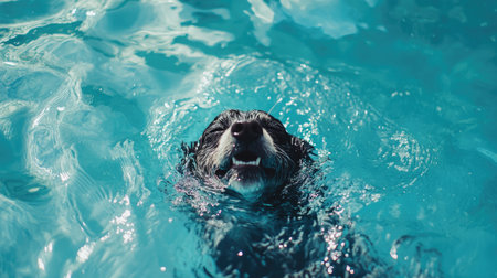 A dog swimming in a clear blue pool, its face emerging from the water with playful enthusiasmの素材