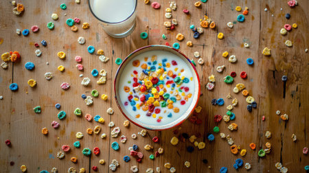 A creative flat-lay of a bowl of colorful cereal in milk, surrounded by scattered cereal and a glass of milk.の素材