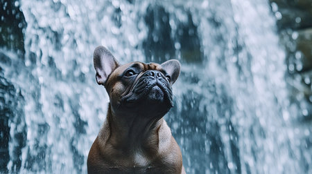 A French Bulldog standing under a cascading waterfall, looking up joyfully at the falling waterの素材