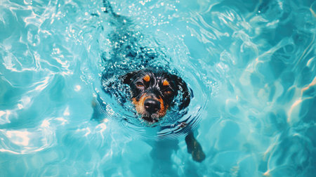 A dog swimming in a clear blue pool, its face emerging from the water with playful enthusiasmの素材