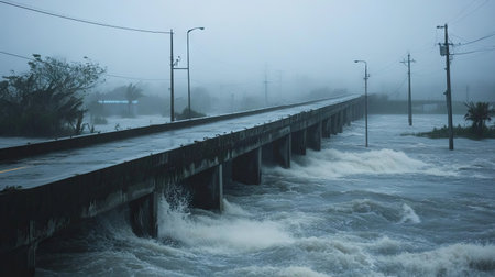 A dramatic shot of a bridge partially submerged and battered by floodwaters during a super typhoonの素材